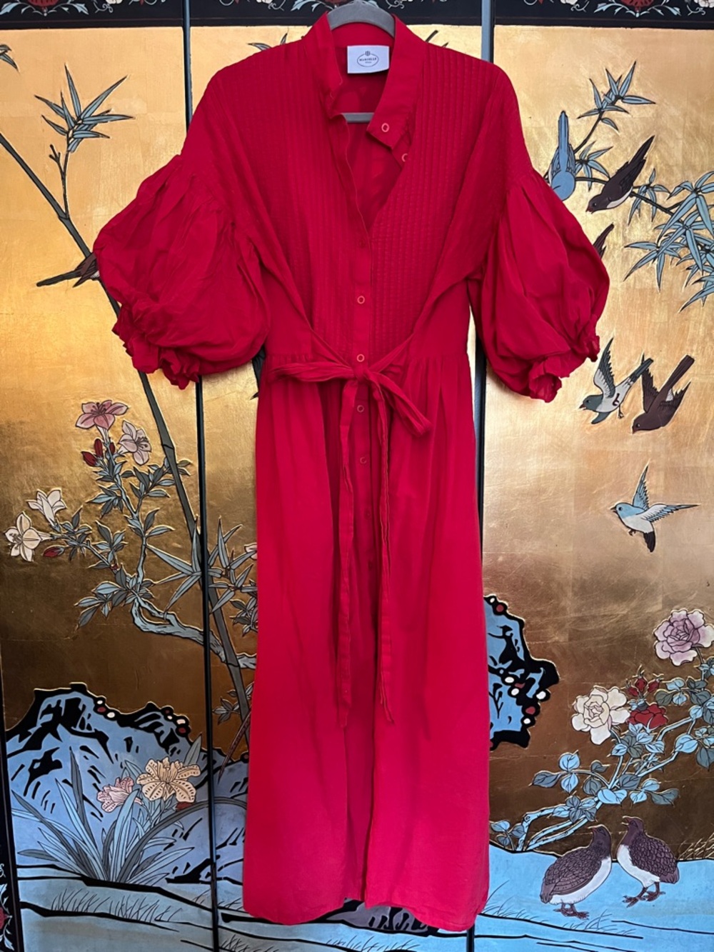 Red Maxi Shirt Dress with Tie Waist and Statement Puff Sleeves